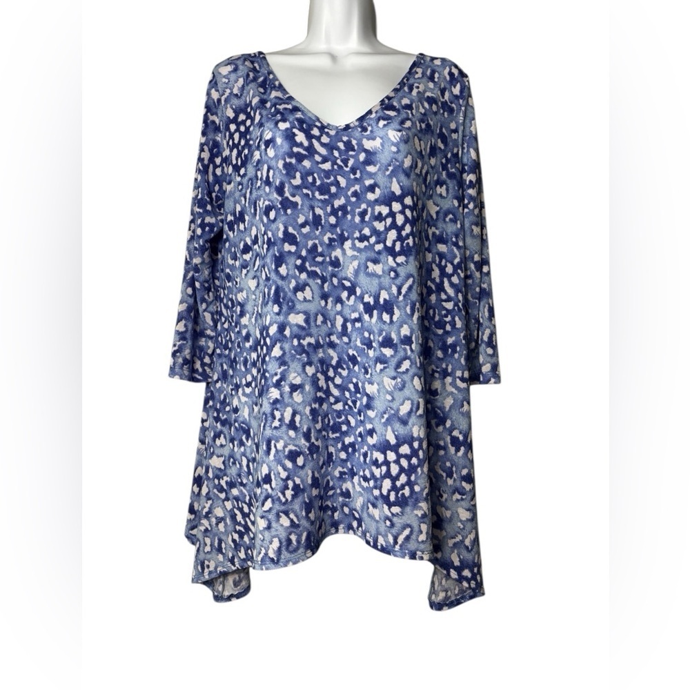 Clara Sun Woo Womens Top Size Large Cheetah Print Flowy 3/4 Sleeve Blue Blouse